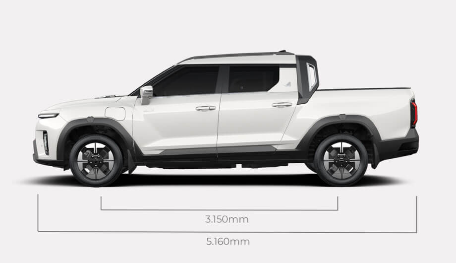 kgm-musso-side Dimensiones laterales KGM Musso EV 2026 - Largo total 5160 mm y distancia entre ejes 3150 mm - Pick-up eléctrica con amplio platón de carga