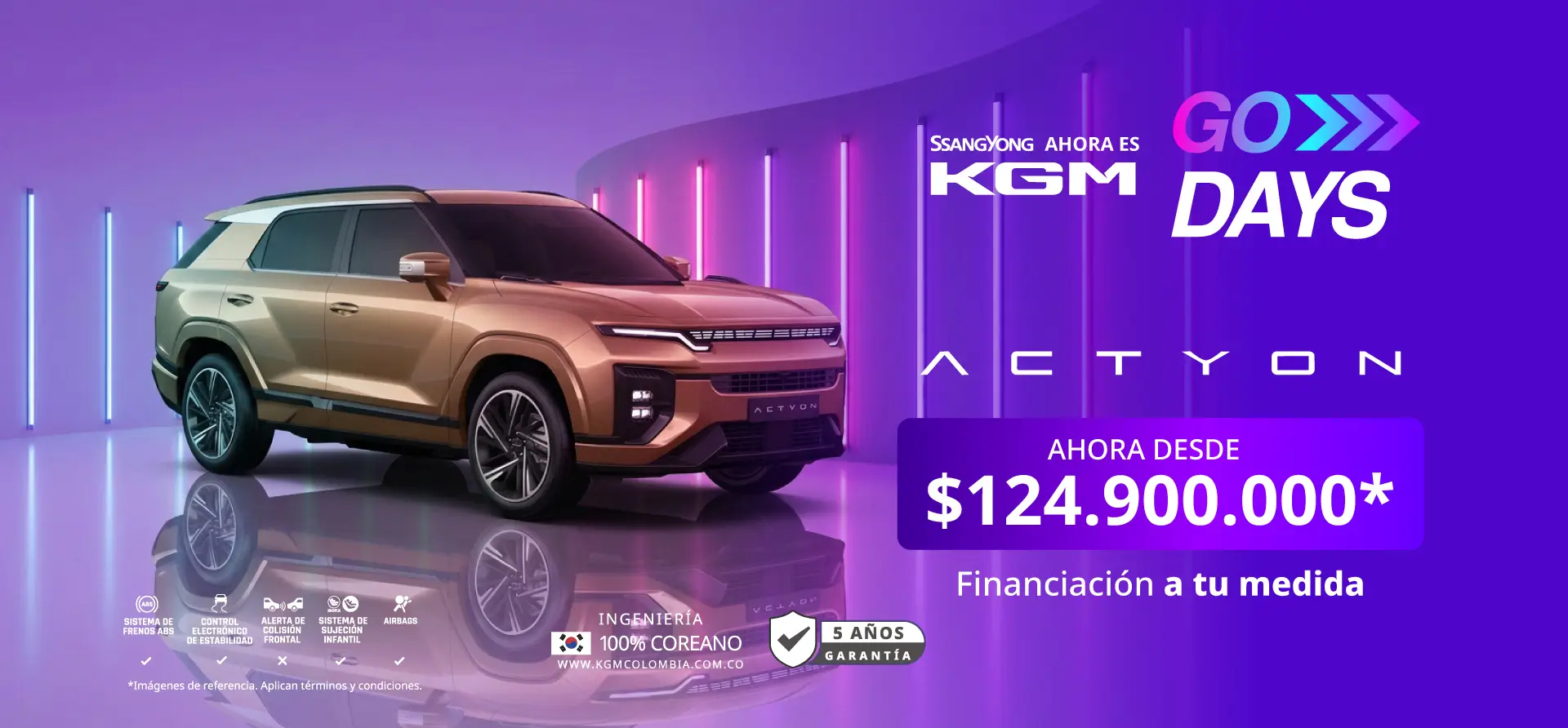 Banner principal KGM Go Days con camioneta SUV KGM Actyon cobriza en estudio neón, precio desde $124.900.000, 5 años de garantía e ingeniería 100% coreana.