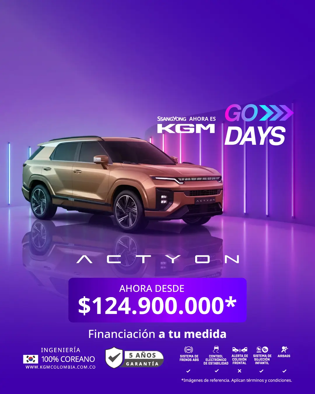 Banner móvil KGM Go Days destacando la camioneta KGM Actyon cobriza con precio especial desde $124.900.000 COP.