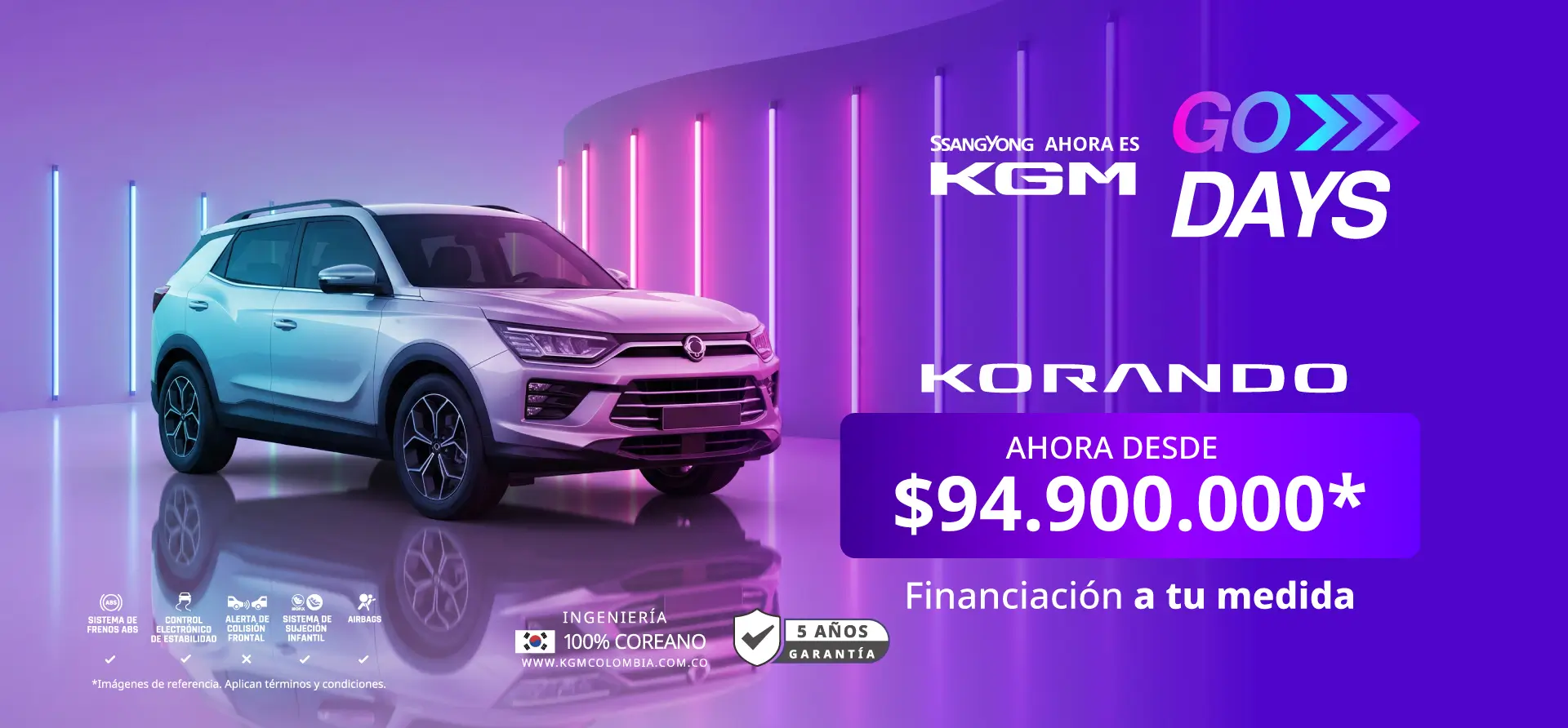 Banner principal KGM Go Days con camioneta SUV KGM Korando plateada en estudio neón, precio desde $94.900.000, 5 años de garantía e ingeniería 100% coreana.