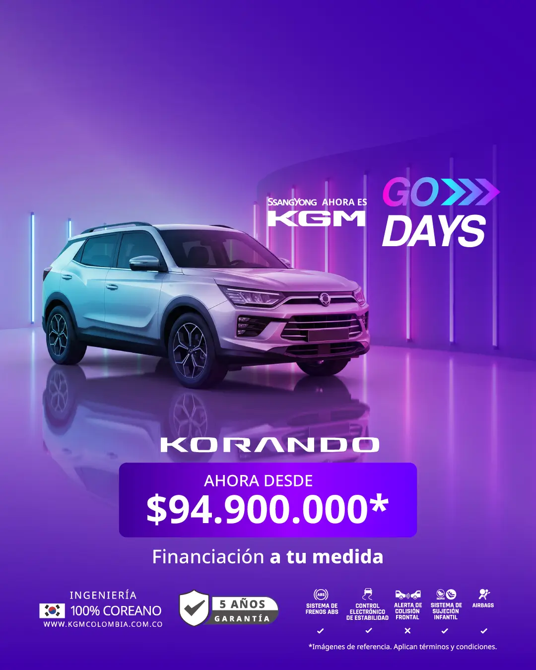 Banner móvil KGM Go Days con camioneta KGM Korando plateada y oferta especial desde $94.900.000 COP.