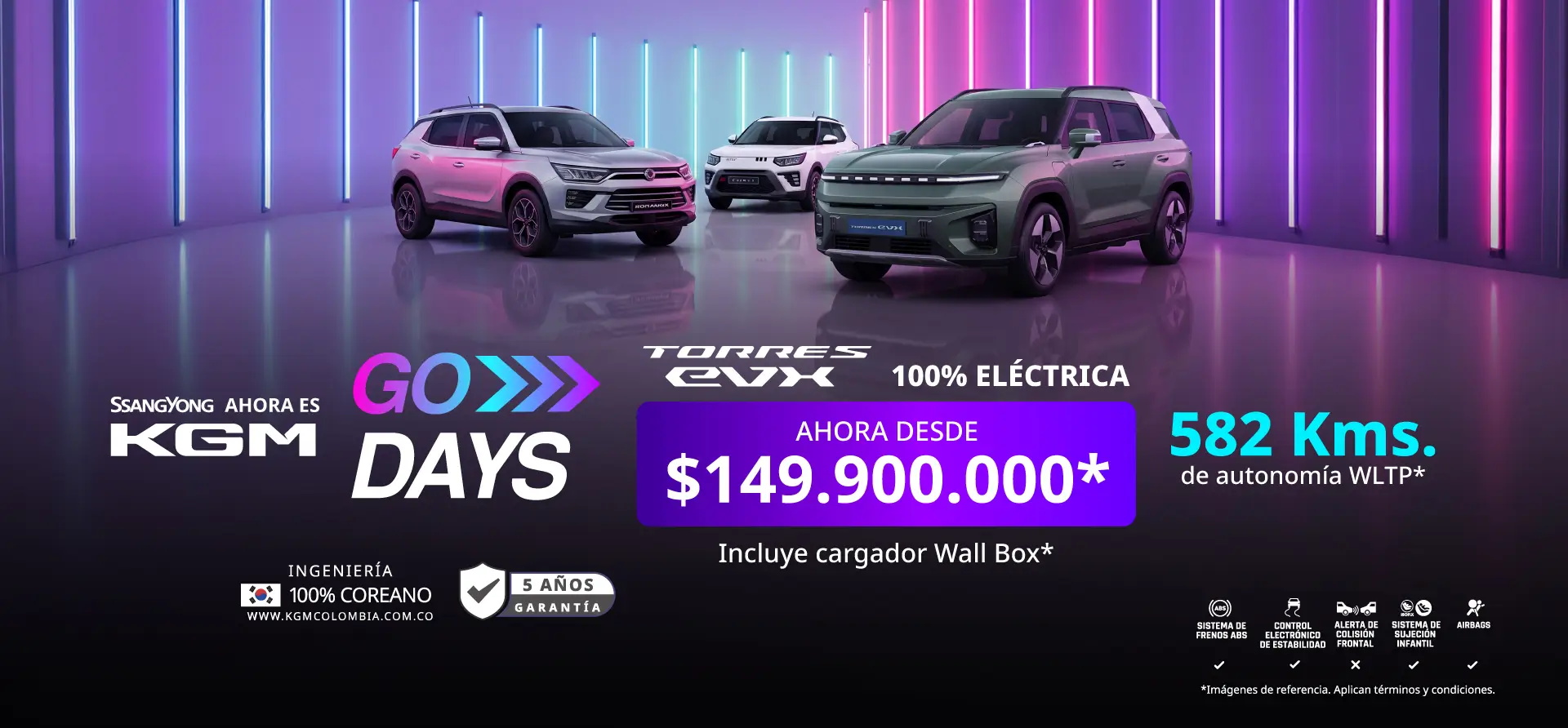 Banner principal KGM Go Days destacando la Torres EVX 100% eléctrica verde en estudio neón junto al lineup KGM y precio desde $149.900.000.