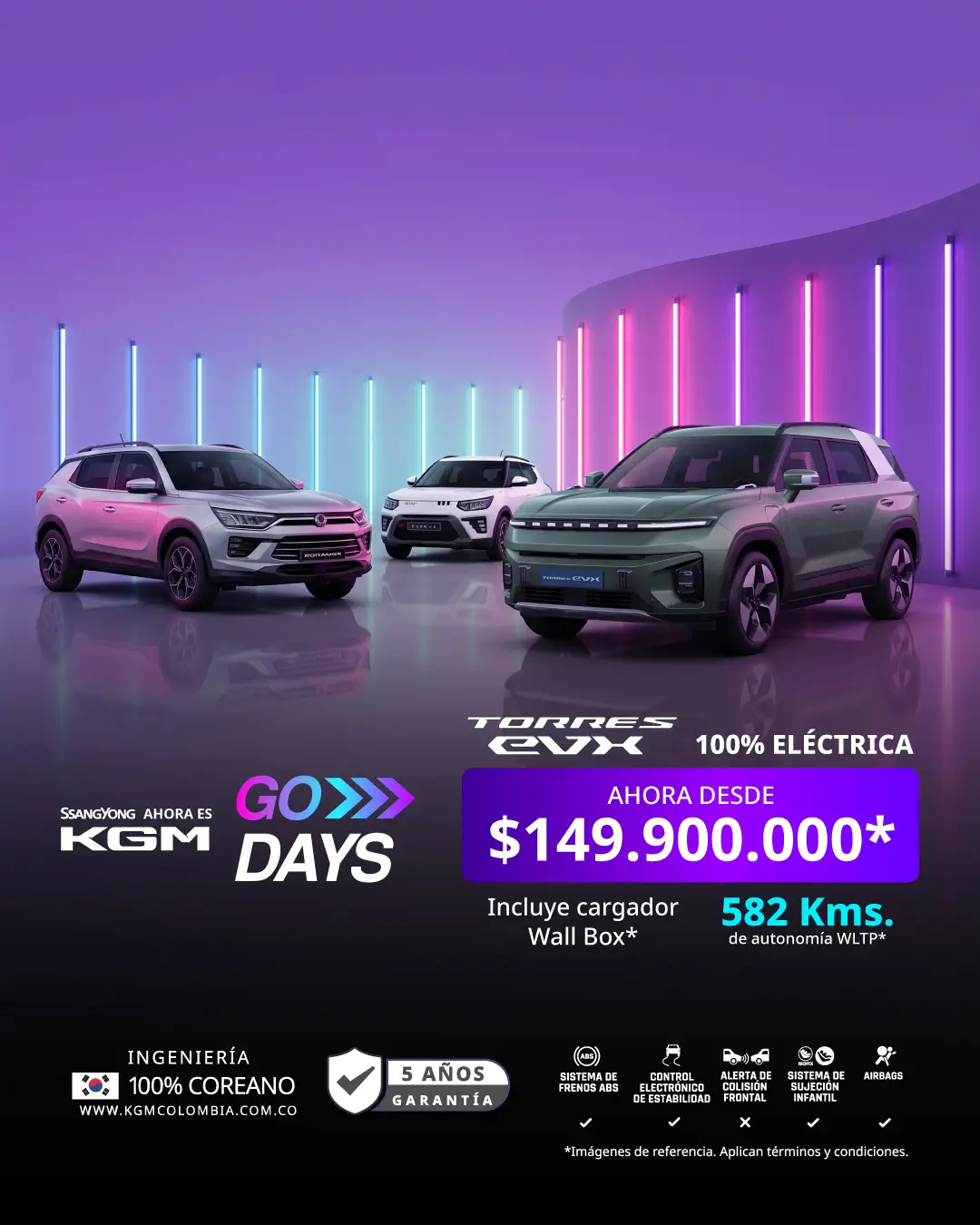 Banner móvil KGM Go Days con camioneta Torres EVX 100% eléctrica y oferta especial desde $149.900.000 COP.