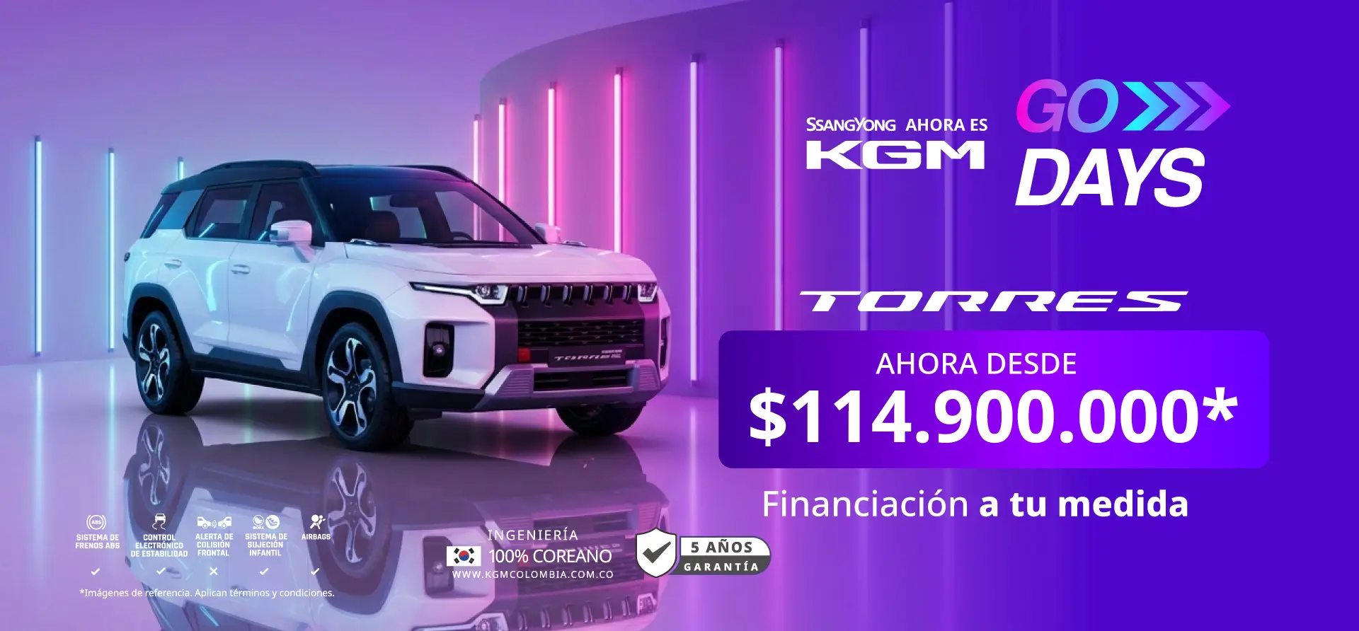 Banner principal KGM Go Days con camioneta SUV KGM Torres blanca en estudio neón, precio desde $114.900.000, 5 años de garantía e ingeniería 100% coreana.