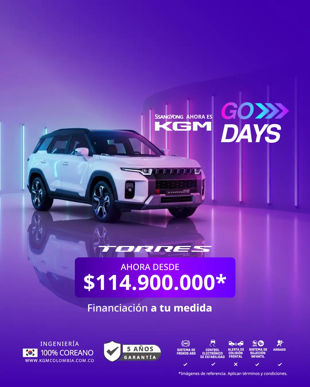Banner móvil KGM Go Days destacando la camioneta KGM Torres blanca con oferta especial desde $114.900.000 COP.