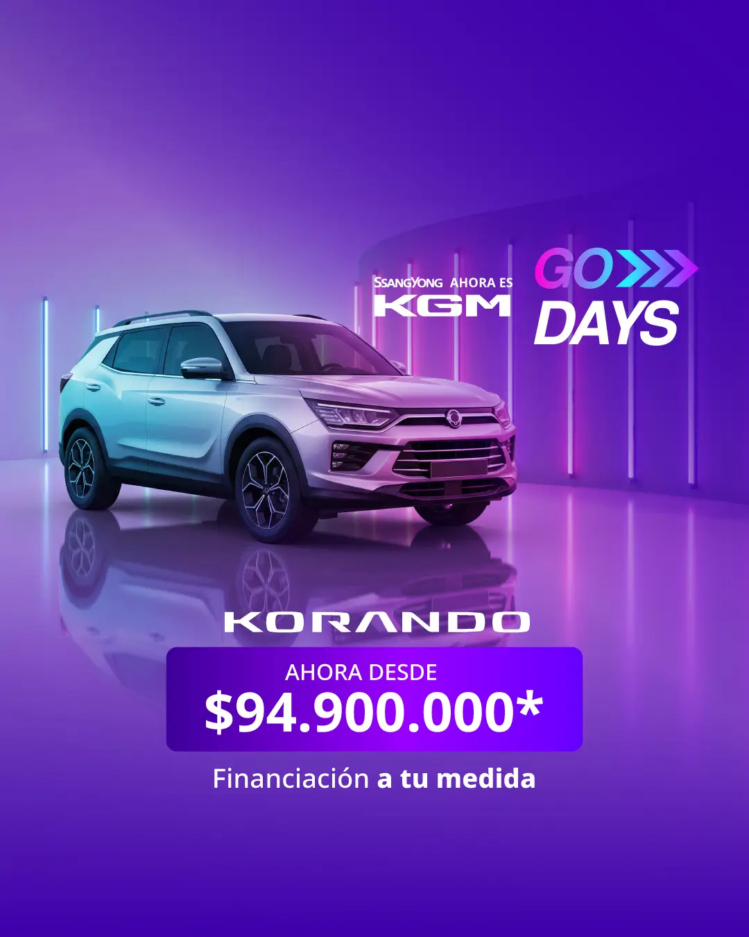 Oferta de camioneta KGM Korando desde 94.900.000 COP versión móvil.