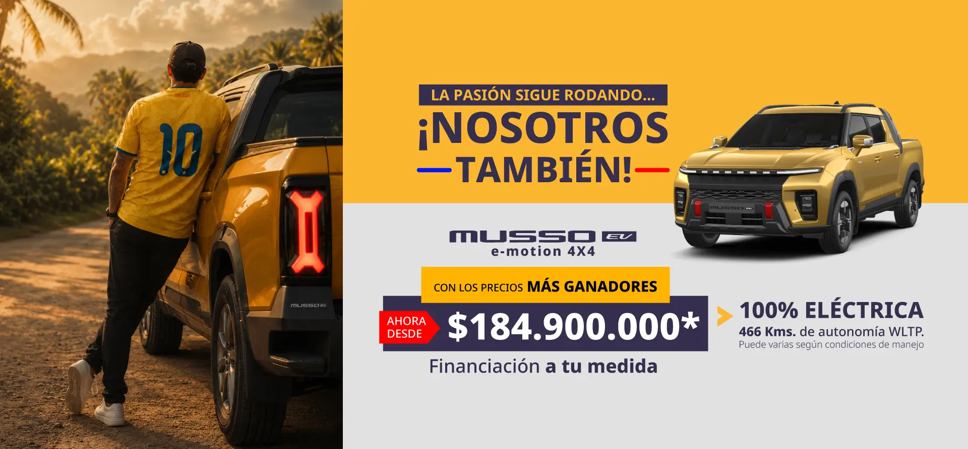 Camioneta pick-up eléctrica KGM Ssangyong Musso EV e-Motion con tracción total 4x4 en oferta por $184.900.000 en Colombia y 466 Km de autonomía.