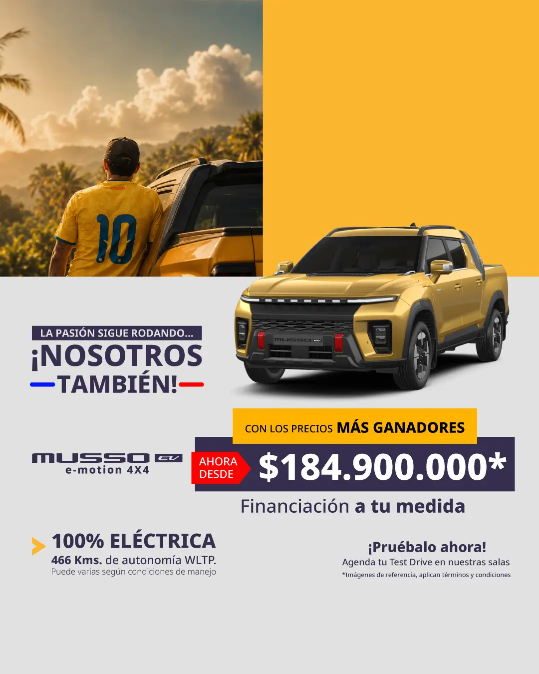 Banner adaptable para celulares de la pick-up eléctrica KGM Musso EV 4x4 en Colombia por $184.900.000 en Julio.