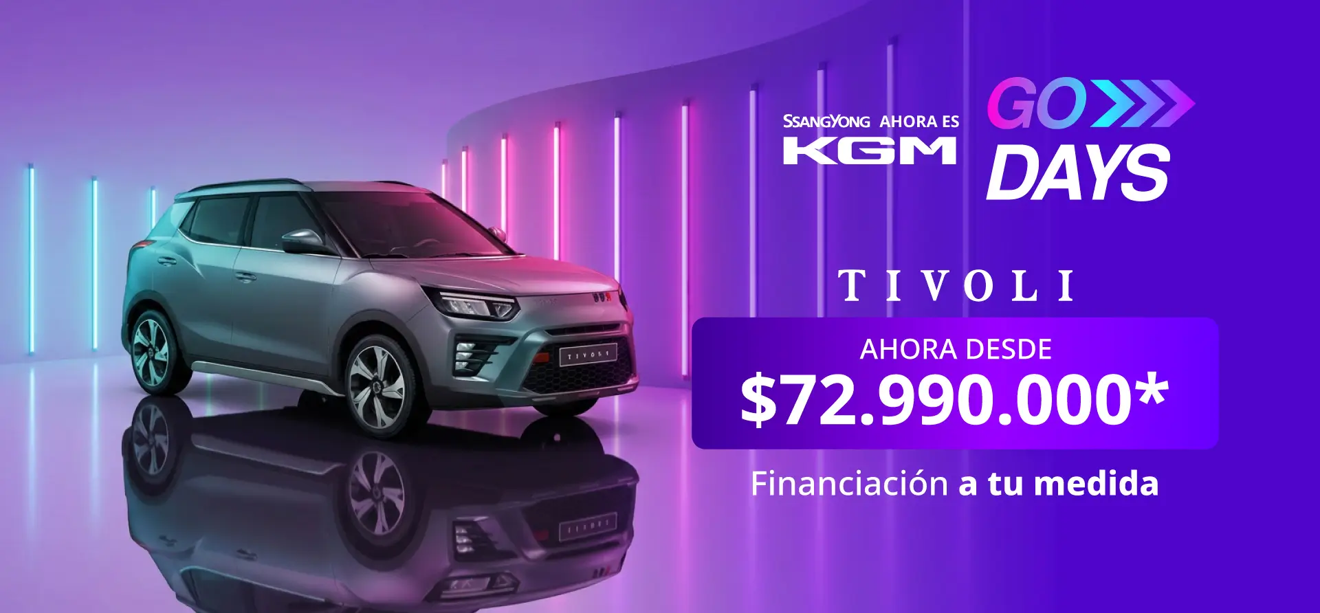 Banner promocional KGM Tivoli SUV precio especial desde 72.990.000 COP en campaña KGM Days.