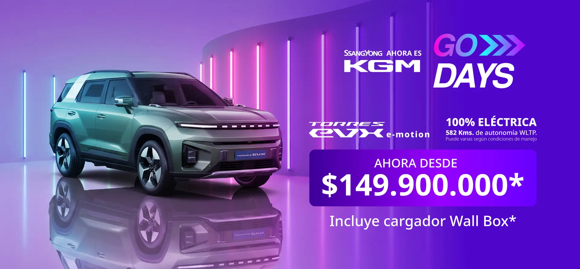 SUV eléctrica KGM Torres EVX e-Motion verde con cargador Wall Box incluido en KGM Days.