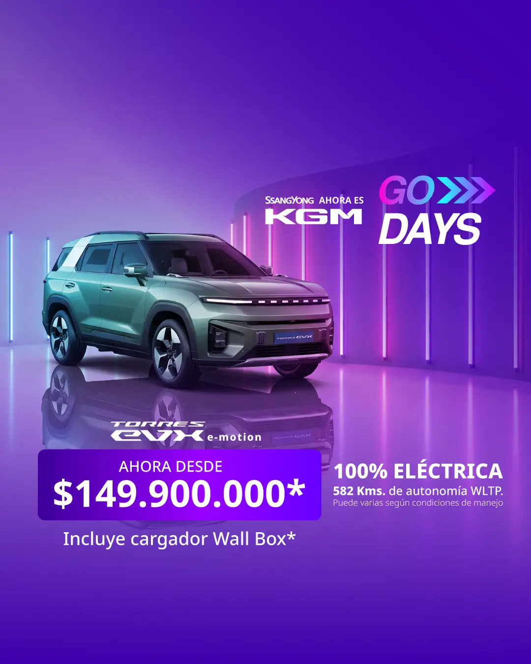 Banner móvil KGM Torres EVX eléctrica desde 149.900.000 COP con Wall Box.