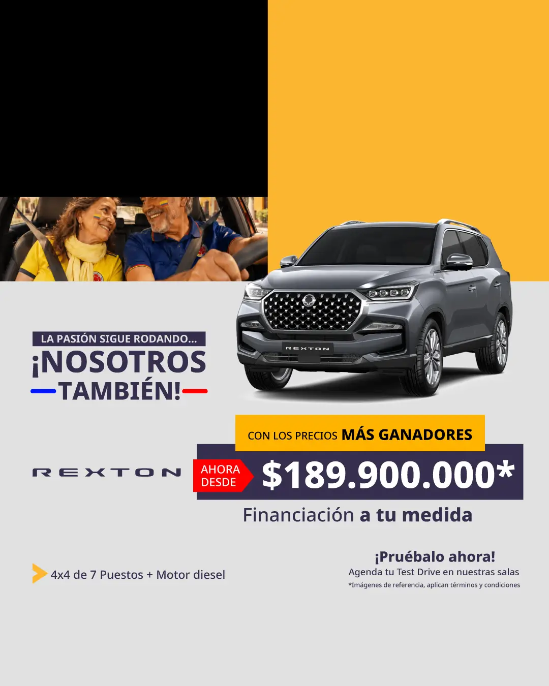 Banner para celulares de la Ssangyong Rexton 4x4 diésel de 7 puestos en Colombia por $189.900.000 en Julio.