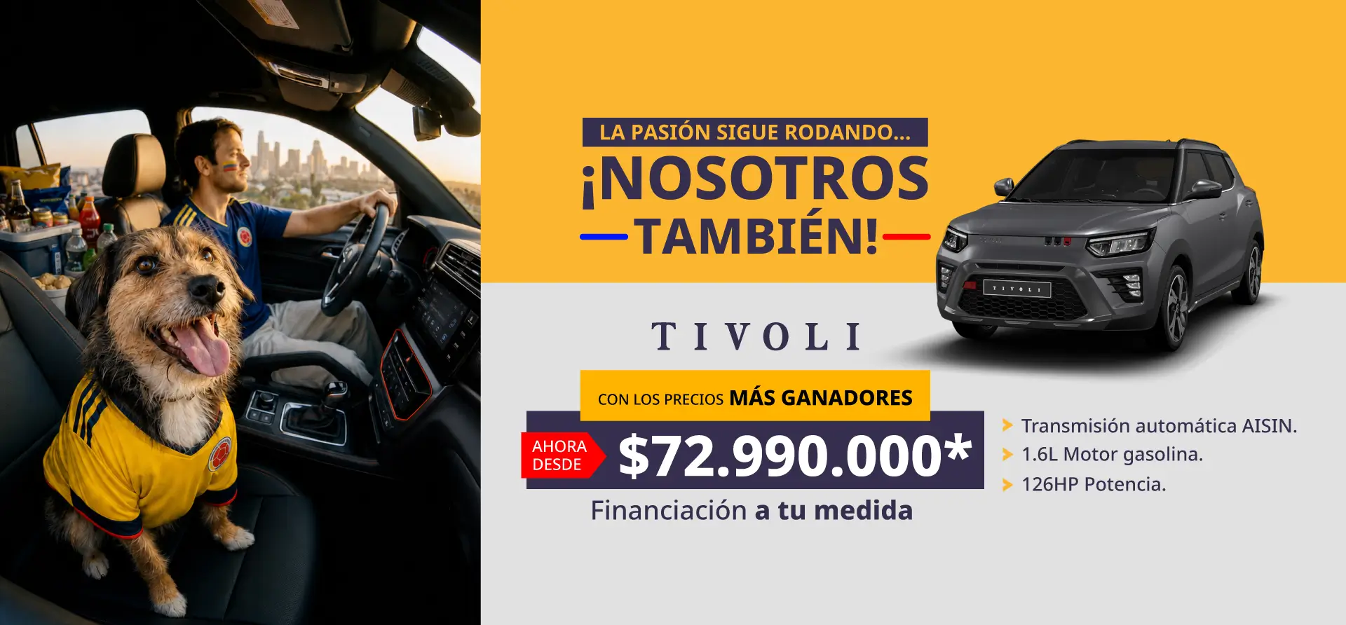 Banner de camioneta Ssangyong Tivoli color gris en promoción de Julio en Colombia desde $72.990.000 con motor gasolina 1.6L y transmisión automática AISIN.