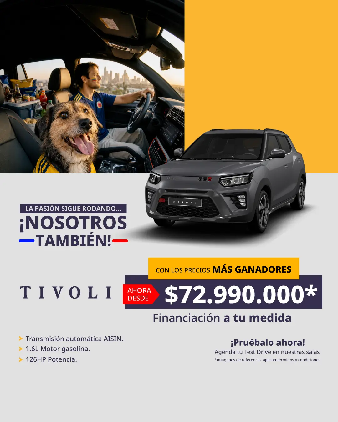 Versión móvil del banner promocional Ssangyong Tivoli en Colombia con precio especial de $72.990.000 para el mes de Julio.