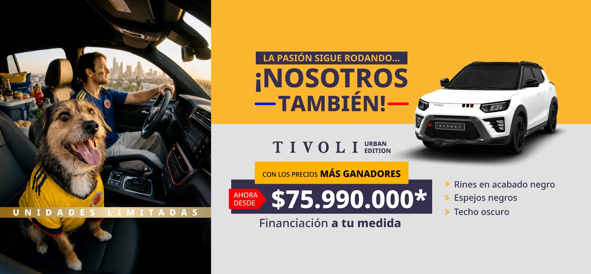 Camioneta Ssangyong Tivoli Urban Edition color blanco con techo oscuro y rines negros en promoción por $75.990.000 en Colombia.