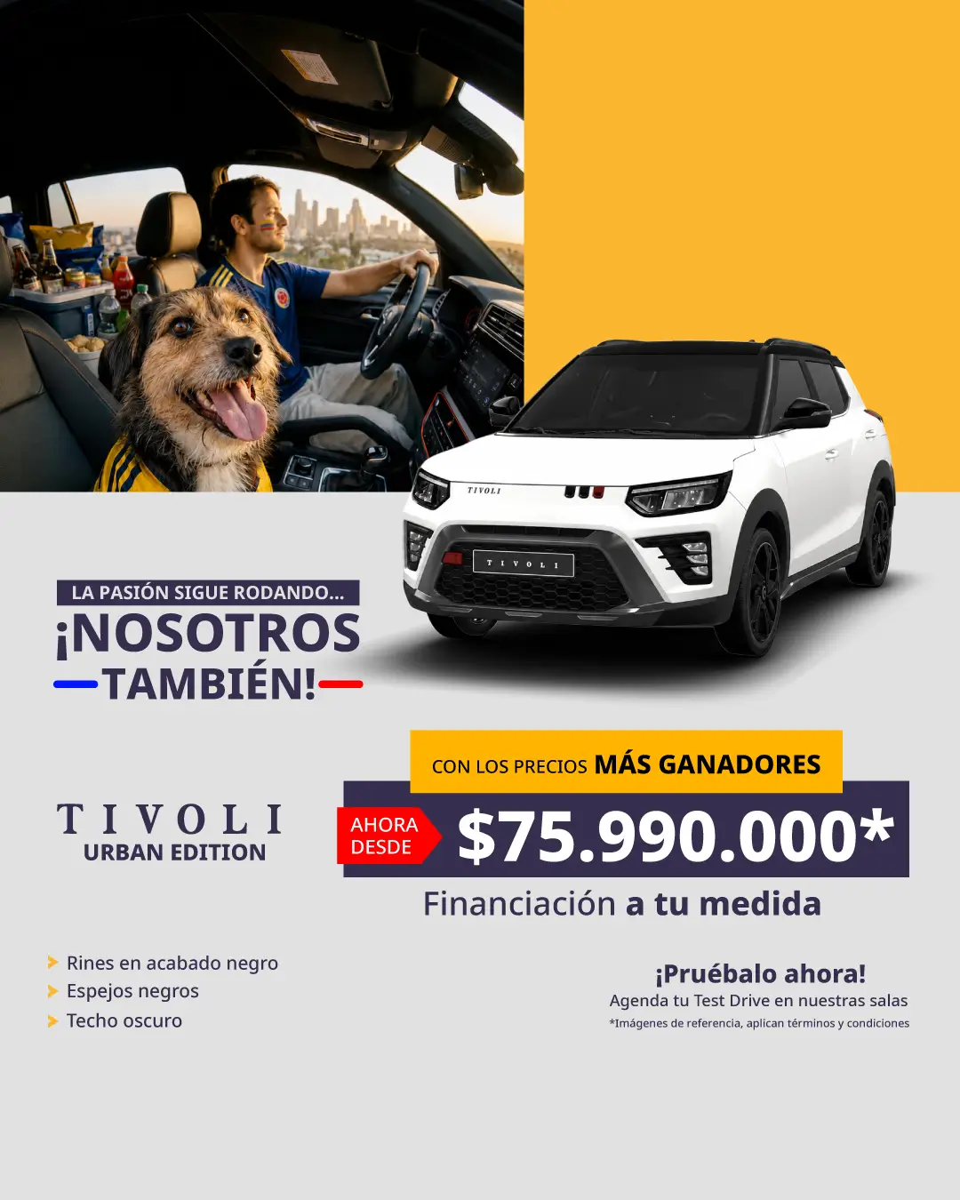 Banner móvil de la camioneta Ssangyong Tivoli Urban Edition en Colombia por $75.990.000 para el mes de Julio.