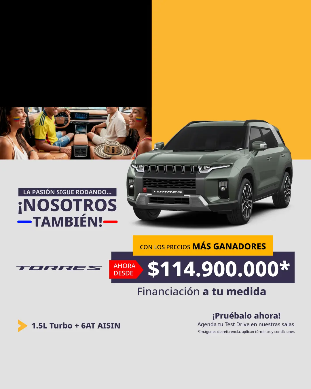 Vista móvil del banner promocional SUV Ssangyong Torres desde $114.900.000 en Colombia.